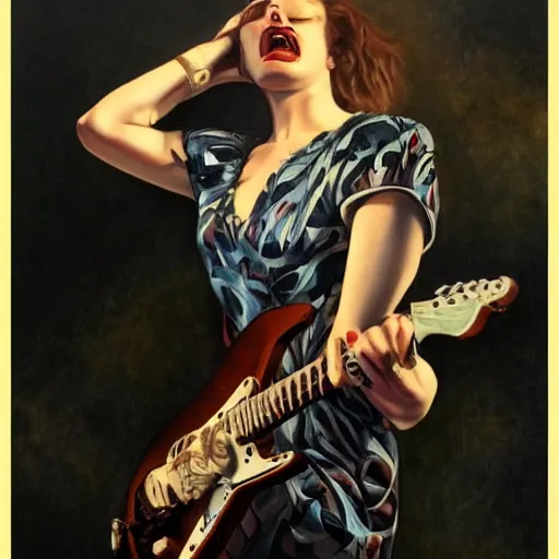 Prompt: Anna Calvi playing electric guitar, oil painting by Gerald Brom, masterpiece