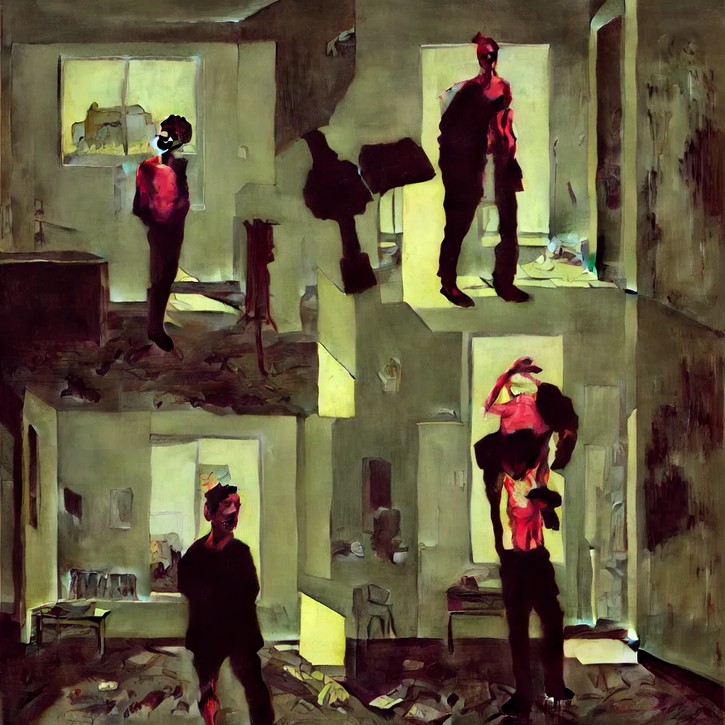 Image similar to weird and disturbing portrait of todd solondz standing alone in an empty appartment, vivid colors, neon, art by gregory crewdson and francis bacon and artgerm and wlop and william - adolphe bouguereau