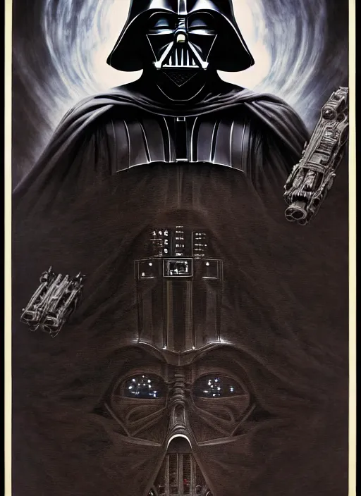 Image similar to side shot of platonic ideal of darth vader, malignant dieselpunk and god complex dementor wild hunt chtulu nazgul mandelbulb davinci, ralph mcquarrie, fantasy, ego death, detailed, darth vader, intricate, volumetric lighting, hyperrealism, intense, scary, decay, artgerm, greg rutkowski, alphonse mucha