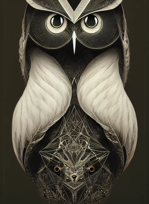 Image similar to portrait of a geometric owl, identical eyes, medium shot, illustration, full body made of white feathers, symmetrical, art stand, super detailed, cinematic lighting, and its detailed and intricate, gorgeous, by peter mohrbacher