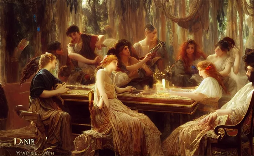 Prompt: roman lan party by pierre auguste cot and delphin enjolras and daniel f. gerhartz