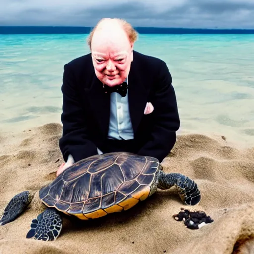 Prompt: An amazed happy Winston Churchill discovers the first turtle ever in Galapagos, national geographic, BBC, XF IQ4, f/1.4, ISO 200, 1/160s, 8K, RAW, unedited