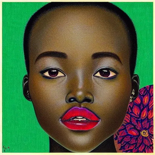 Prompt: “ lupita nyong'o portrait by ikenaga yasunari, drawing, realistic, sharp focus, japanese, dreamy, nostalgia, faded, golden hues, floral clothes, ”