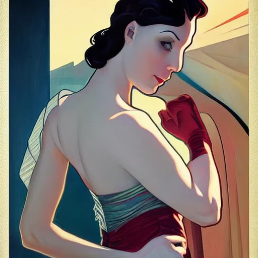 Image similar to a streamline moderne painting in the style of clyde caldwell, and in the style of charlie bowater, and in the style of alphonse mucha. symmetry, smooth, sharp focus, semi - realism, intricate detail.