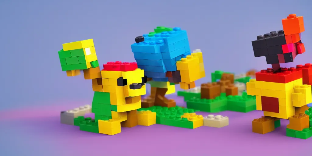 Image similar to tiny creature made of one brick, big round cute eyes, quadrupedal, cute looking, blocky shape, kawaii, sharp focus, character, game concept art, blocky, lego mixels, flat toon style like katamari damacy inspired, pokemon inspired, promotional poster art, high quality voxel render