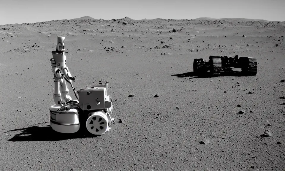 Image similar to 35mm film still, robot lawnmower on mars