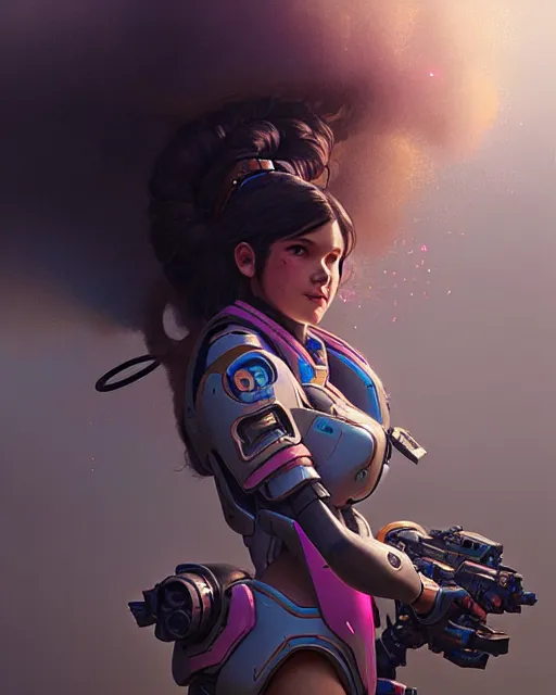 Image similar to d. va from overwatch, character portrait, concept art, intricate details, highly detailed by greg rutkowski, michael whelan and gustave dore