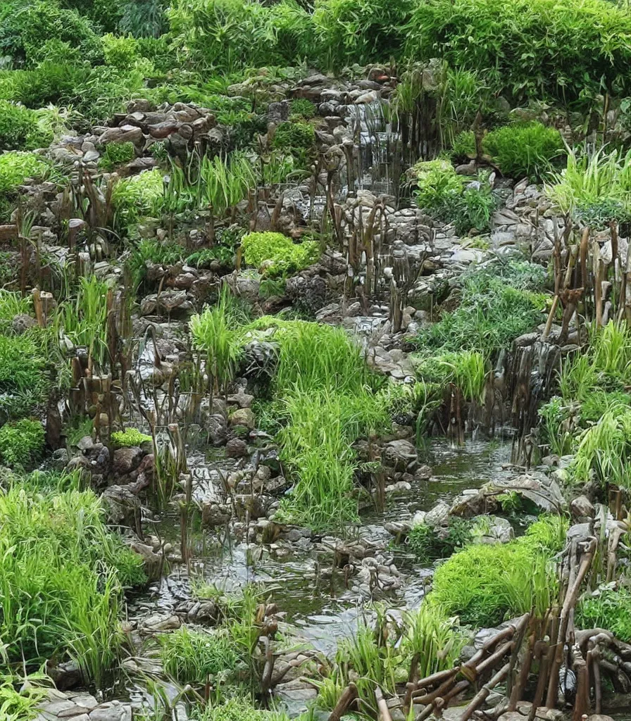 Image similar to a garden, in which there is a flowing water sculpture made of bamboo, garden landscape and symmetrical landscape ， by andre le notre ， trending ，