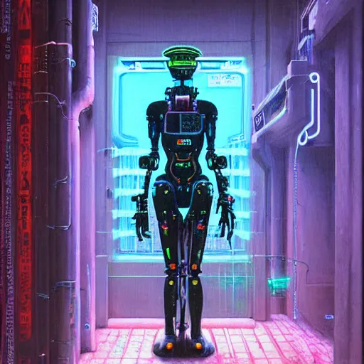 Prompt: cyberpunk robot with neon lights and exposed wiring, highly detailed beksinski style cyberpunk 2 0 7 7 painting