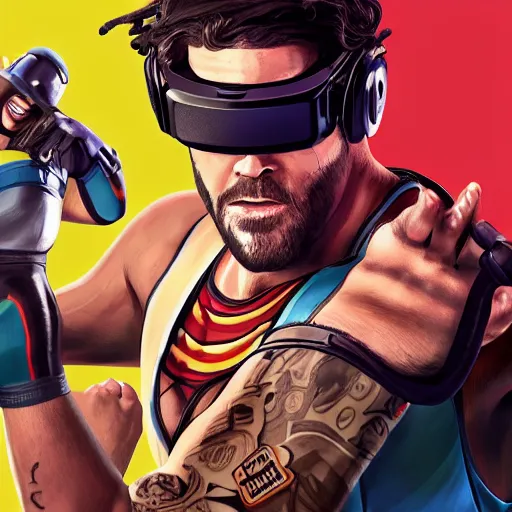 Image similar to wwe wrestler characters wearing vr goggles, gta cover, apex legends trending on artstation, digital illustration