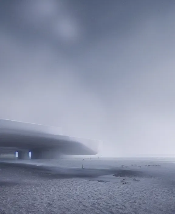 Prompt: surreal exploration, futuristic white architecture in the beach in iceland, foggy, highly detailed, digital painting, arstation, concept art, hyperealistic octane render, unreal engine,