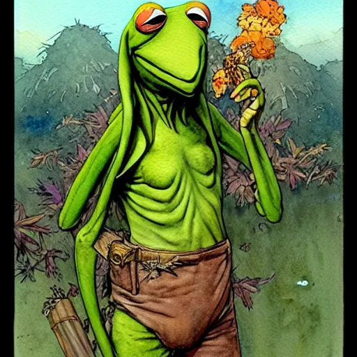 Prompt: a realistic and atmospheric watercolour fantasy character concept art portrait of kermit with red eyes smoking a huge blunt looking at the camera with a pot leaf nearby by rebecca guay, michael kaluta, charles vess and jean moebius giraud