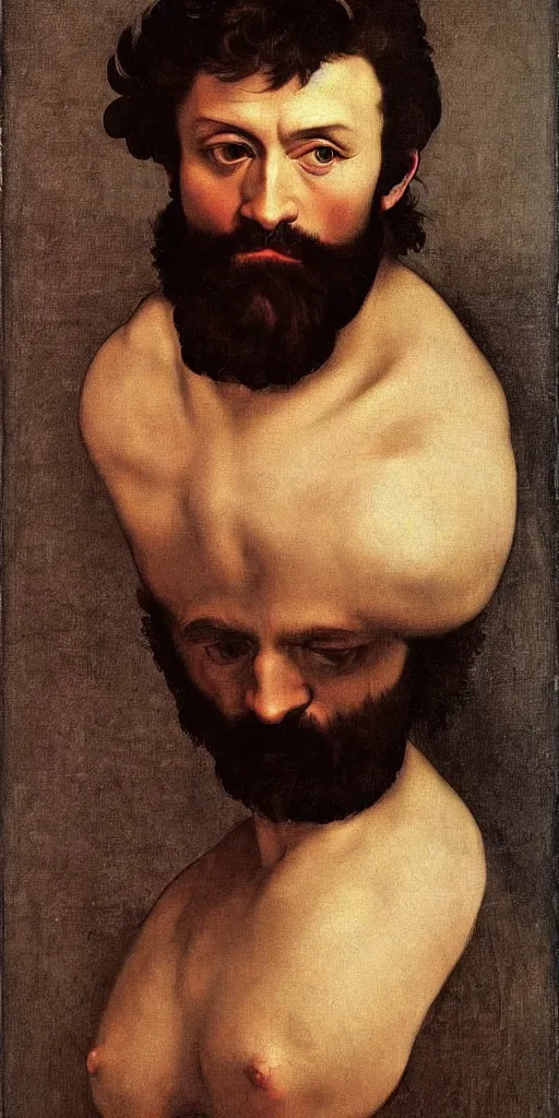 Image similar to midle-aged gigachad with thick eyebrows, short brown hair and short beard, very detailed, smooth, realistic, painted by Caravaggio, painted by Buguereau