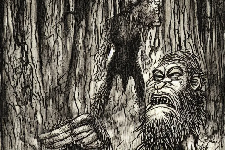 Image similar to mad bigfoot screaming in the woods artwork by ben templesmith