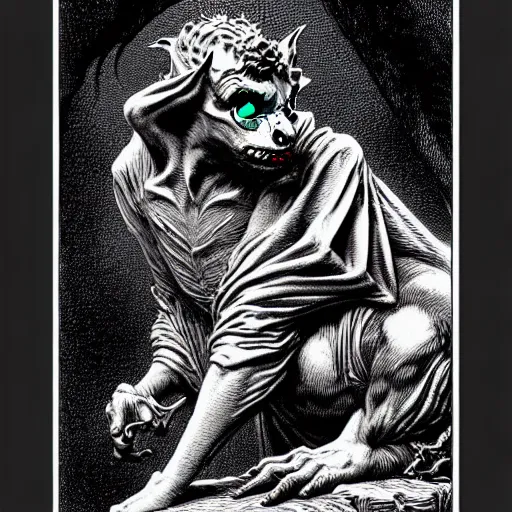 Prompt: gargoyle portrait soft light, by bernie wrightson and joe fenton, inspired victorian, etching, fine, sharp high detail, duotone screen print,