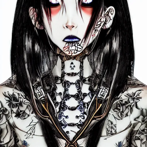 Image similar to japanese gothic model with maximalist hair style and kanji tattoos, dark colors, fashion model, portrait shot, depth of field, 8 k, hyper detailed, intricate, trending on artstation