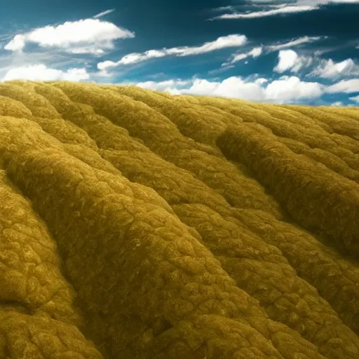 Prompt: a dreamlike landscape where all the hills are made of chicken skin and they have those little bumps and look kind of damp. Above the landscape flies SOMETHING.