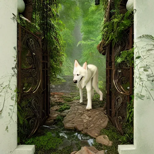 Image similar to gate leading to white alaskan husky in a alaskan lush vegetation, warm tones : by michal karcz, guillermo del toro, daniel merriam, victo ngai and : ornate, dynamic, particulate, intricate, elegant, highly detailed, centered, artstation, smooth, sharp focus, octane render