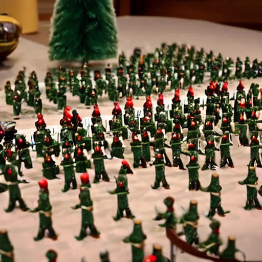 Image similar to army of toy soldiers on Christmas causing mayham and shooting guns towards