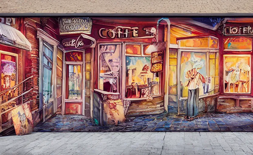 Prompt: a beautiful photo of coffe cup painted on the metal curtain of a shop on the street, mural, art