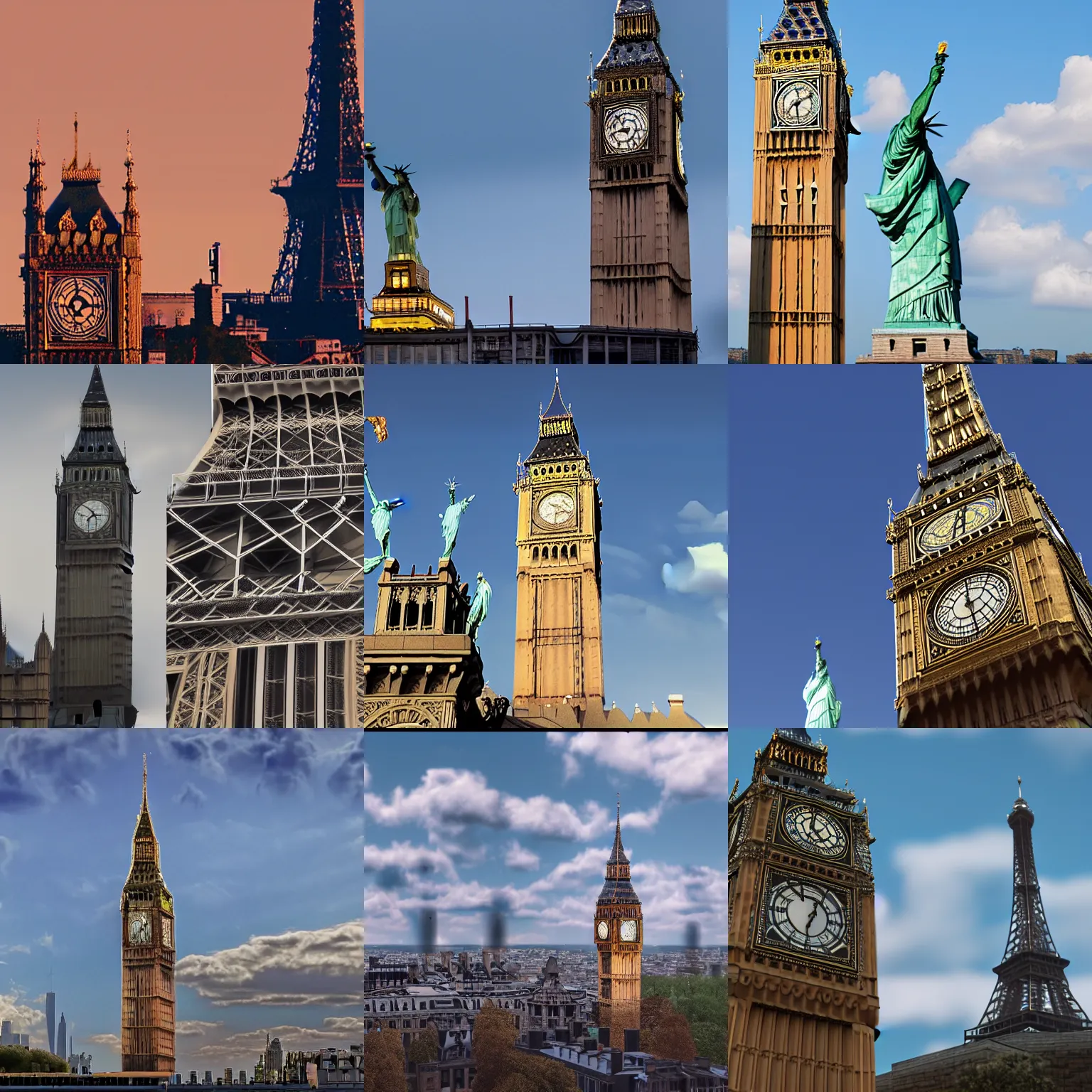 Prompt: Big Ben of London, and Eiffel tower, and Statue of Liberty, highly detailed, 8k, 4k, photo realistic