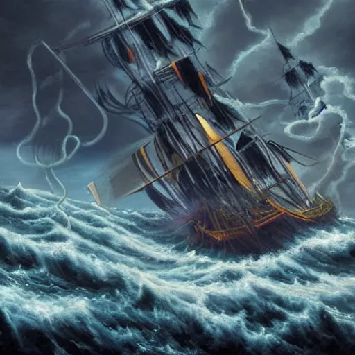 Image similar to a highly detailed hyperrealistic scene of a ship being attacked by giant squid tentacles, jellyfish, squid attack, dark, voluminous clouds, thunder, stormy seas, pirate ship, dark, high contrast