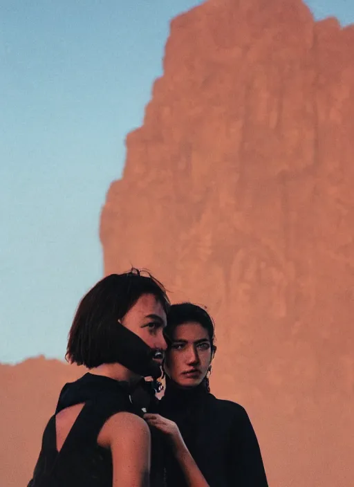 Image similar to cinestill 5 0 d photographic portrait of two loving female androids wearing rugged black techwear on a desolate plain with a red sky in front of a brutalist monolith, extreme closeup, cyberpunk style, dust storm, 8 k, hd, high resolution, 3 5 mm, f / 3 2, ultra realistic faces, ex machina, steve mccurry