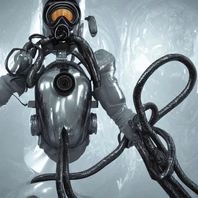 Prompt: octane render portrait by wayne barlow and carlo crivelli and glenn fabry, subject is a futuristic scuba diver with a shiny reflective silver metal helmet with colorful reflective goggles and covered in black ribbed rubber hoses, inside an aquarium, cinema 4 d, ray traced lighting, very short depth of field, bokeh