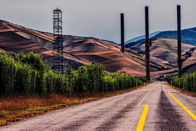 Prompt: looking down road of warehouses. hills background with radio tower on top. telephoto lens compression.