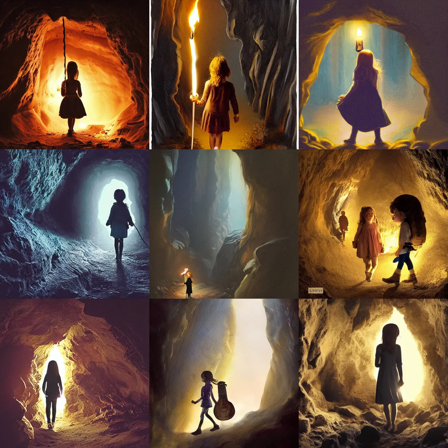 Prompt: a girl with a torch walking through a cave, the girl is scared, by mumford, dan