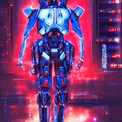 Image similar to arasaka mech, cyberpunk, art by christian ward, red and blue neon