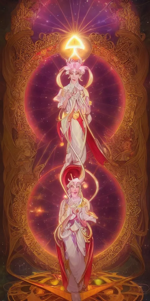 Image similar to clow card style astrologer's prayer, mythology, star guardian, unreal engine 5, art nouveau, vivid colors, intense colors, deep shadows, intricate, symmetry, high detail, elegance, sunlit, clear focus, art of alphonse maria mucha, art workstation