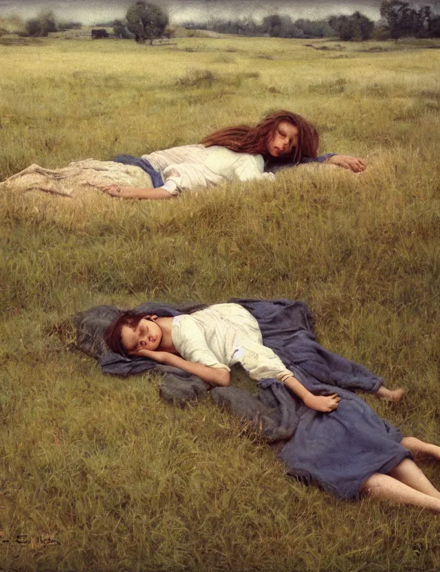 Image similar to peasant girl laying on a cow on a farm, cottage core, polaroid photo bleached vintage pastel colors high - key lighting, soft lights, foggy, by steve hanks, by lisa yuskavage, by serov valentin, by tarkovsky, 8 k render, detailed, oil on canvas