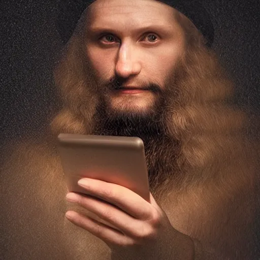 Prompt: realistic photo portrait of a man using an ipad, looking like leonardo da vinci, volumetric lights, trending on artstation, studio photo, intricate details, highly detailed