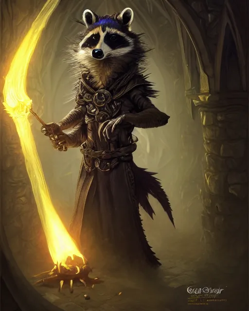 Prompt: anthropomorphic royal warlock raccoon casting a spell in a dungeon, dark souls, d & d, fantasy, intricate, action pose, elegant, highly detailed, digital painting, artstation, concept art, matte, sharp focus, volumetric lighting, illustration, hearthstone, art by artgerm, wlop, greg rutkowski and alphonse mucha