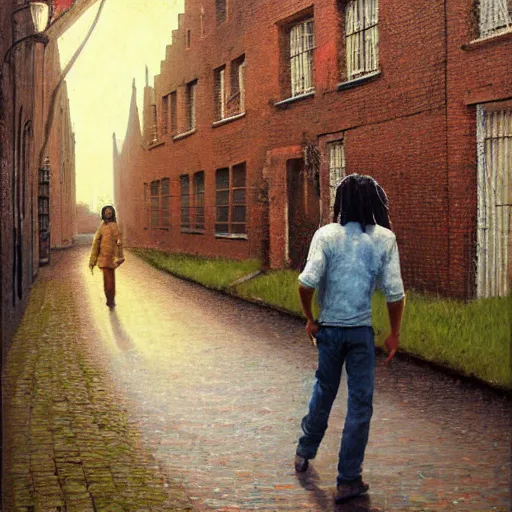 Image similar to bob marley walking in bruges, painted by scott listfield, sunny, happy