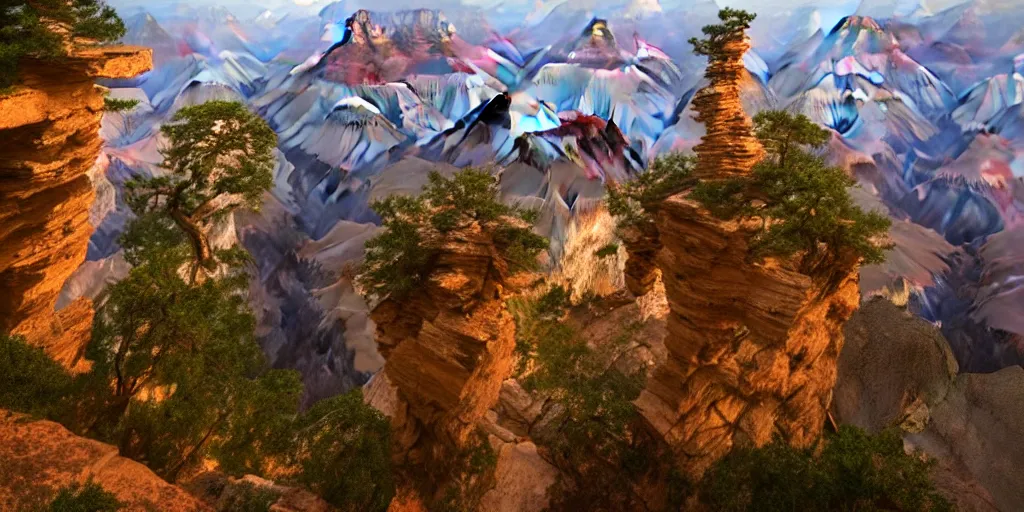 Prompt: Grand Canyon, Zhangjiajie National Forest Park, cinematic lighting, detailed oil painting, hyperrealistic, 8k