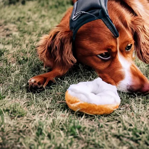 Image similar to photo of cute dog eating bagles from mesh bag, shallow depth of field, cinematic, 8 0 mm, f 1. 8