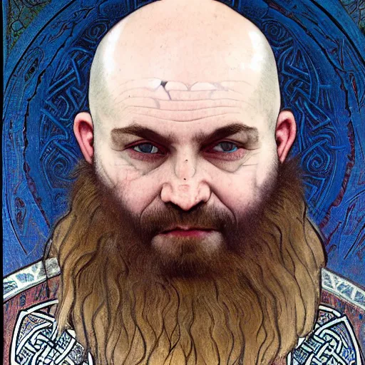 Prompt: portrait of man with knotwork runic facial tattoos, bald, middle-aged Slavic Viking priest wearing thick fur collar and vestments, and standing tall in the blizzard, with fading blue woad tattoos on forehead, head, and cheeks, portrait by Anato Finnstark, Alphonse Mucha, and Greg Rutkowski