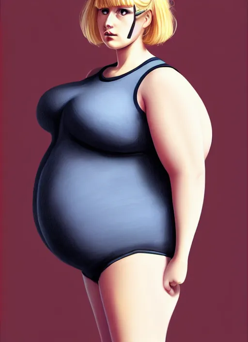 Image similar to full body portrait, teenage betty cooper, blonde hair, obese, bangs, ponytail, sultry, realistic, sultry smirk, fluffy bangs, curly bangs, fat, belly, beautiful girl, intricate, elegant, highly detailed, digital painting, artstation, concept art, smooth, sharp focus, illustration, art by wlop, mars ravelo and greg rutkowski