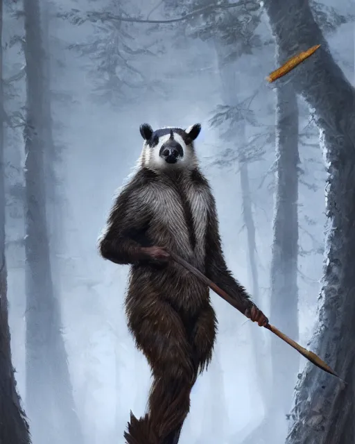 Prompt: oil painting of Anthropomorphized Badger, holding spear, wearing hunter coat, proud look, full body, sharp focus, fantasy style, octane render, volumetric lighting, 8k high definition, by greg rutkowski, highly detailed, trending on art Station, magic the gathering artwork, woodland backround