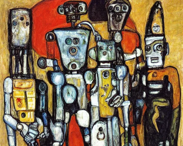 Image similar to a painting of a robot family by graham sutherland, egon schiele, expressionism