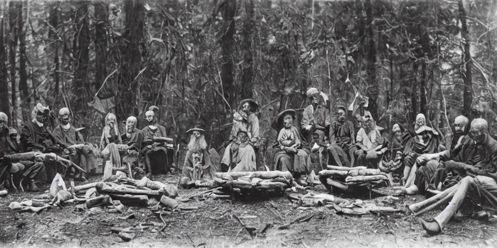 Prompt: old forest hermits holding voodoo dolls around a wildly lit campfire in an ominous forest, 1 9 0 0 s photography