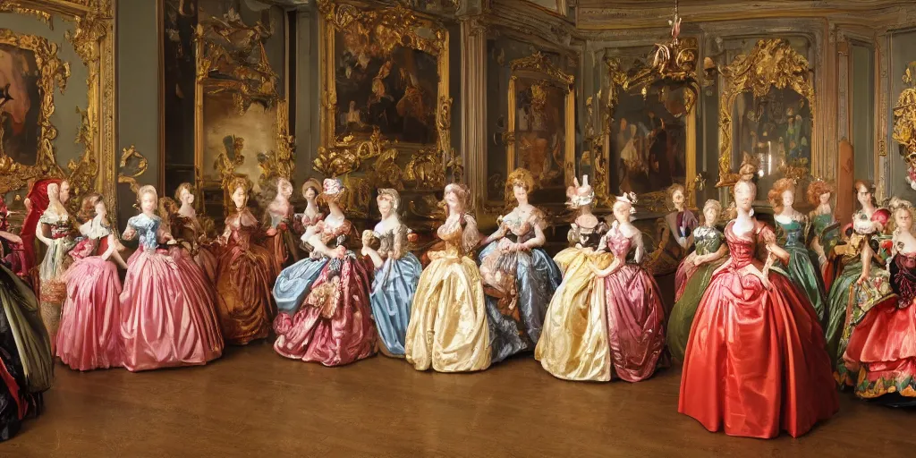 Image similar to Women in baroque dresses, standing in the middle of the room full of toys