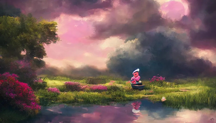 Image similar to a garden gnome sails across a pond in a bucket, dramatic pink clouds, blue sky, jessica rossier, art station
