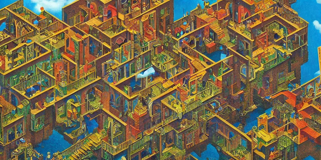 Image similar to virtual art museum in a 9 0's video game in the style of mc escher and heironymus bosch, colorful intricate masterpiece, hyper detailed, hd, sharp focus