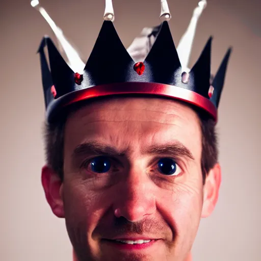 Image similar to man with a crown, smirk, photograph, black backgrounds, glowing red eyes, pixar