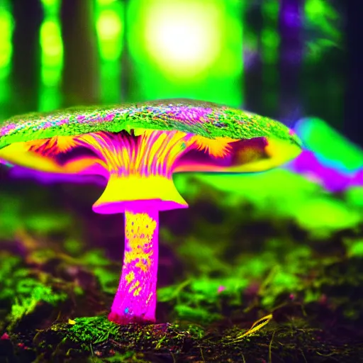 Prompt: macro photo of luminous magic psychedelic mushroom in magic forest