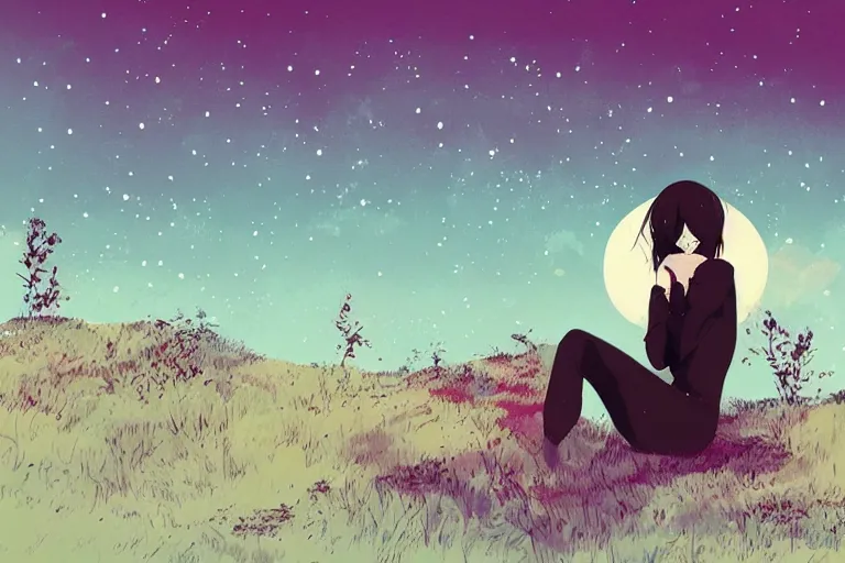 Image similar to woman crying sitting on a hill, outside, night sky, anime style, landscape, by Conrad Roset, digital art, trending on artstation