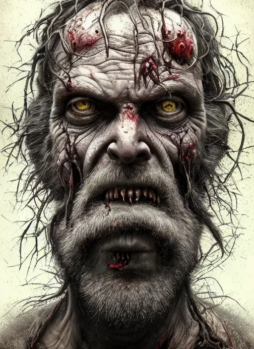 Image similar to portrait of a 6 0 year old giant man zombie with long tattered tangles of thinning black hair, eerie glowing eyes, wall hanging trophy taxidermy, hyper realistic head, fantasy art, in the style of greg rutkowski, zdizslaw beksinski, intricate, alphonse mucha, hyper detailed, smooth